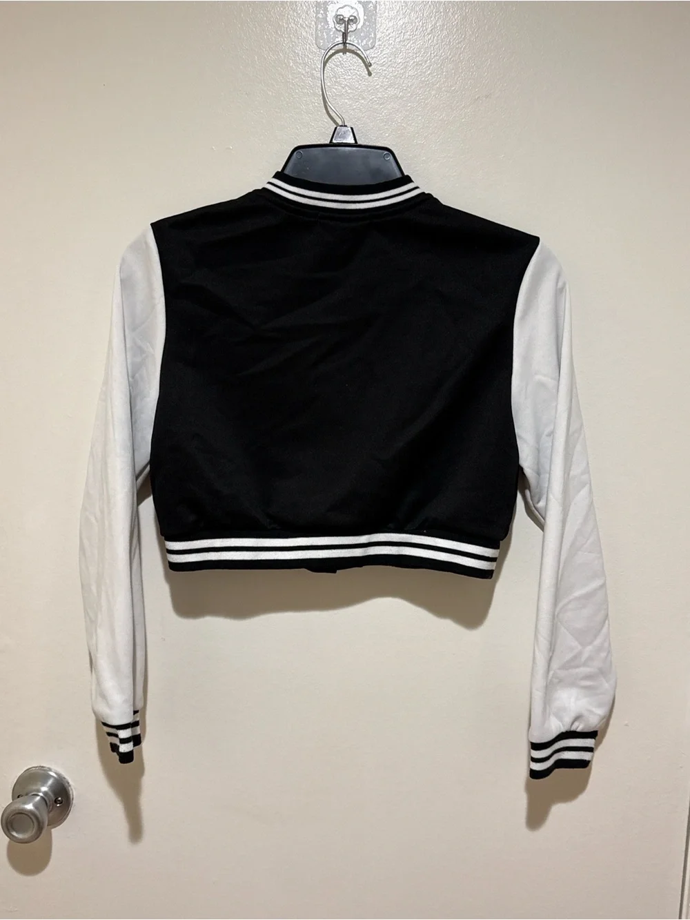 SHEIN Black & White Cropped Varsity Jacket with 'A' Patch
